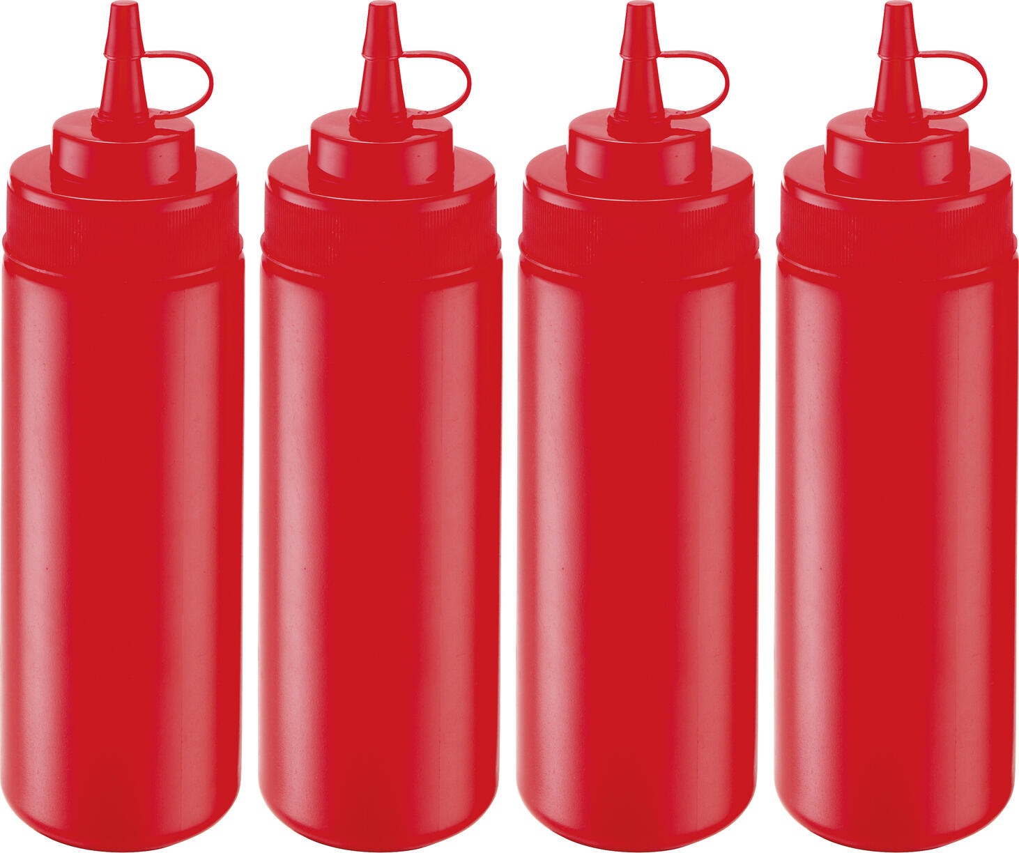 Set de 4 sticle de dozare Pulsiva, 0.35l din polietilenă flexibilă, roșii, sigure pentru alimente și spălare în mașină, pentru ketchup și maioneză