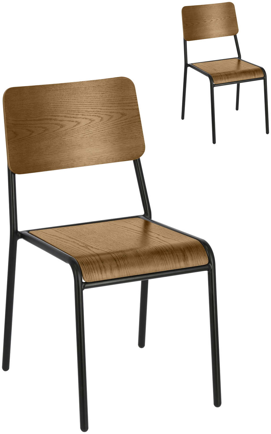 VEGA Chair Claso Set of 2, Industrial Ash Plywood and Black Powder-Coated Steel, Stackable, Max Load 160kg, 41.5x52.5x82cm