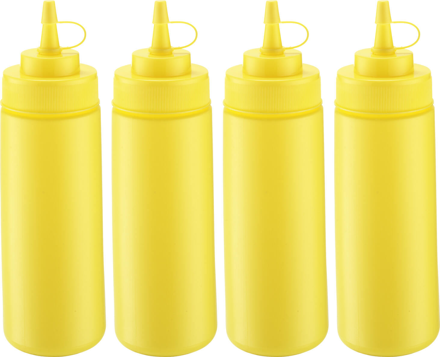 PULSIVA LUSINI Solutions GmbH Dosing bottle Dosierflasche Dosing bottle; 0.35 l, 6x20 cm (ØxH); yellow; 4 piece / pack Dosierflasche; 0.35 l, 6x20 cm (ØxH); gelb; 4 Stück / Pack Classic dosing bottle for ketchup, mustard, mayonnaise and other sauces. Bottle made of flexible polyethylene with opening Ø 2,7 cm and screw cap made of hard plastic. For more flow, the spout can be shortened easily. Food and dishwasher safe. Klassische Dosierflaschen für Ketchup, Senf, Mayonnaise und andere Saucen. Korpus aus flexiblem Polyethylen mit Öffnungs-Ø 2,7 cm und Schraubverschluss aus Hartkunststoff. Für mehr Durchfluss lässt sich der Auslauf einfach kürzen. Lebensmittelecht und spülmaschinenfest.