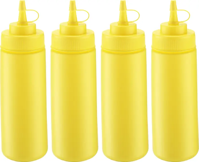 PULSIVA LUSINI Solutions GmbH Dosing bottle Dosierflasche Dosing bottle; 0.35 l, 6x20 cm (ØxH); yellow; 4 piece / pack Dosierflasche; 0.35 l, 6x20 cm (ØxH); gelb; 4 Stück / Pack Classic dosing bottle for ketchup, mustard, mayonnaise and other sauces. Bottle made of flexible polyethylene with opening Ø 2,7 cm and screw cap made of hard plastic. For more flow, the spout can be shortened easily. Food and dishwasher safe. Klassische Dosierflaschen für Ketchup, Senf, Mayonnaise und andere Saucen. Korpus aus flexiblem Polyethylen mit Öffnungs-Ø 2,7 cm und Schraubverschluss aus Hartkunststoff. Für mehr Durchfluss lässt sich der Auslauf einfach kürzen. Lebensmittelecht und spülmaschinenfest.