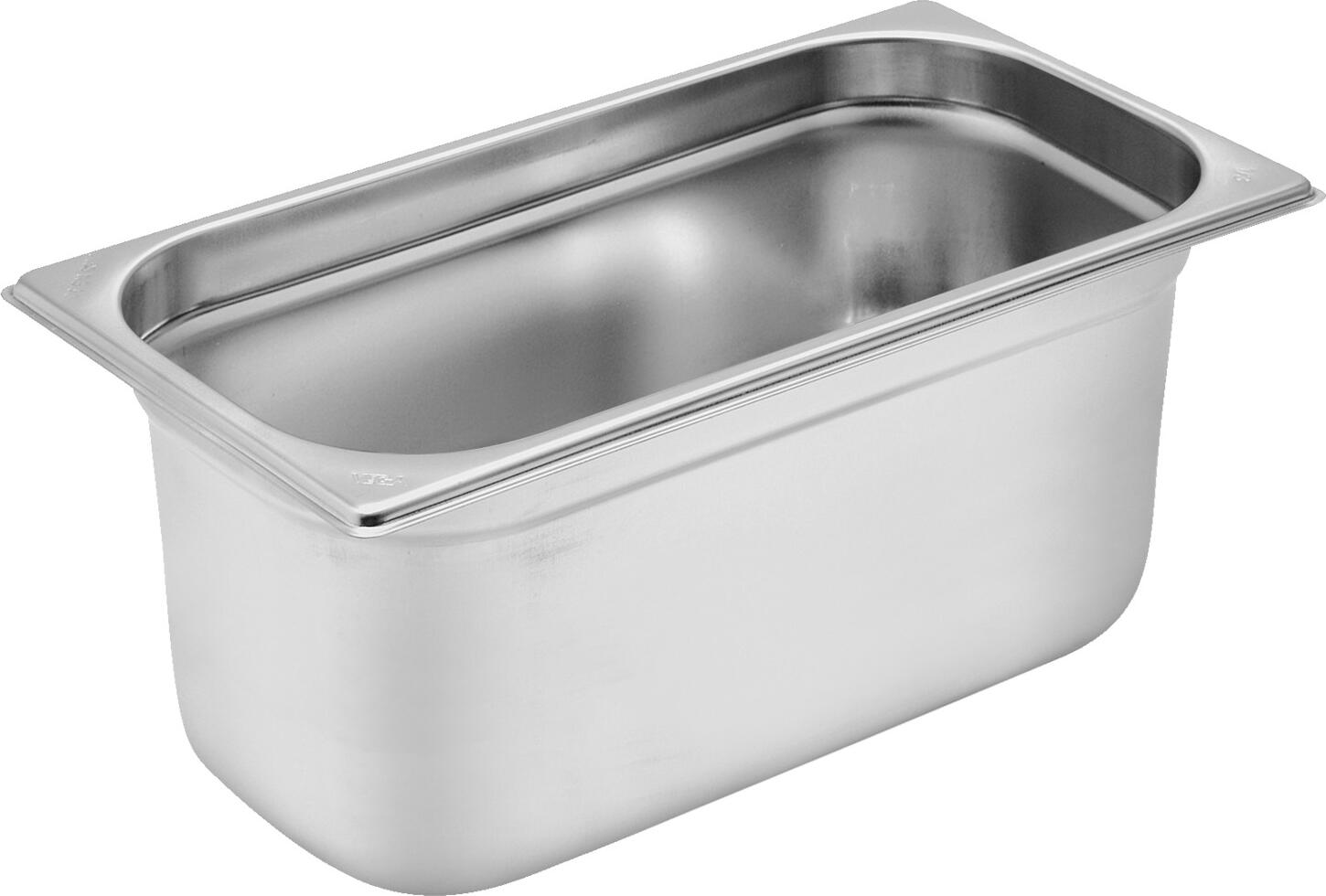 VEGA LUSINI Solutions GmbH GN container 1/3 Premium GN-Behälter 1/3 Premium GN container 1/3 Premium; GN 1/3, 5 l, 32.5x17.6x15 cm (LxWxD); silver GN-Behälter 1/3 Premium; GN 1/3, 5 l, 32.5x17.6x15 cm (LxBxT); silber GN container 1/3 made of chrome-nickel stainless steel 18/10, without drop handles. Material thickness: 0.8 mm. With stacking cams: easy disassembly of stacked GN containers. Reinforced corners and edges. Robust and easy to clean. Dishwasher safe. Stackable. Available in different sizes. From time to time it is recommended to clean with vinegar or lemon cleaner to keep the shine of the containers. GN-Behälter 1/3 aus Chrom-Nickel-Edelstahl 18/10, rostfrei, ohne Fallgriff. Materialstärke: 0,8 mm. Mit Stapelnocken: einfaches Auseinandernehmen gestapelter Gastronorm-Behälter. Spülmaschinengeeignet. Von Zeit zu Zeit empfiehlt sich die Reinigung mit Essig- oder Zitronenreiniger um den Glanz der Behälter zu erhalten.