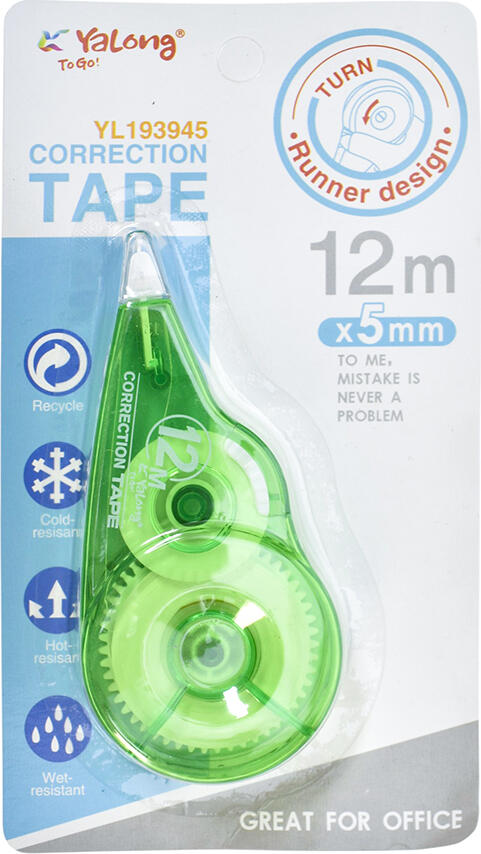 Yalong YL193945 Correction Tape, 12m x 5mm, Runner Design, Cold, Hot and Wet Resistant, Recyclable, Green, Office Use