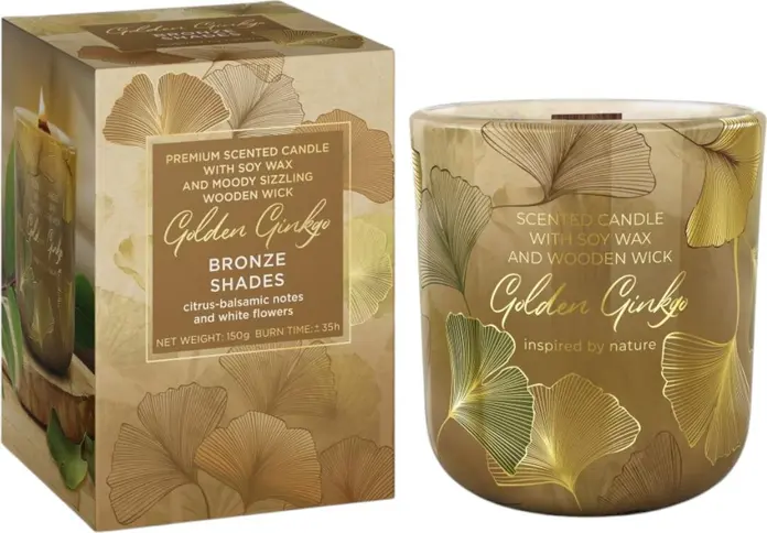 Lumânare Parfumată Golden Ginkgo BAR3409 Bronze Shades, Ceară de Soia cu Fitil de Lemn, Note Citrice și Flori Albe, Pahăr Verde-Auriu, 150g