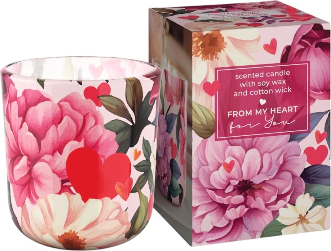 Bartec From My Heart Scented Soy Wax Candle BAR4536, Floral Peony and Heart Design, Glass Cup, Cotton Wick, 150g Wax, 8x9 cm