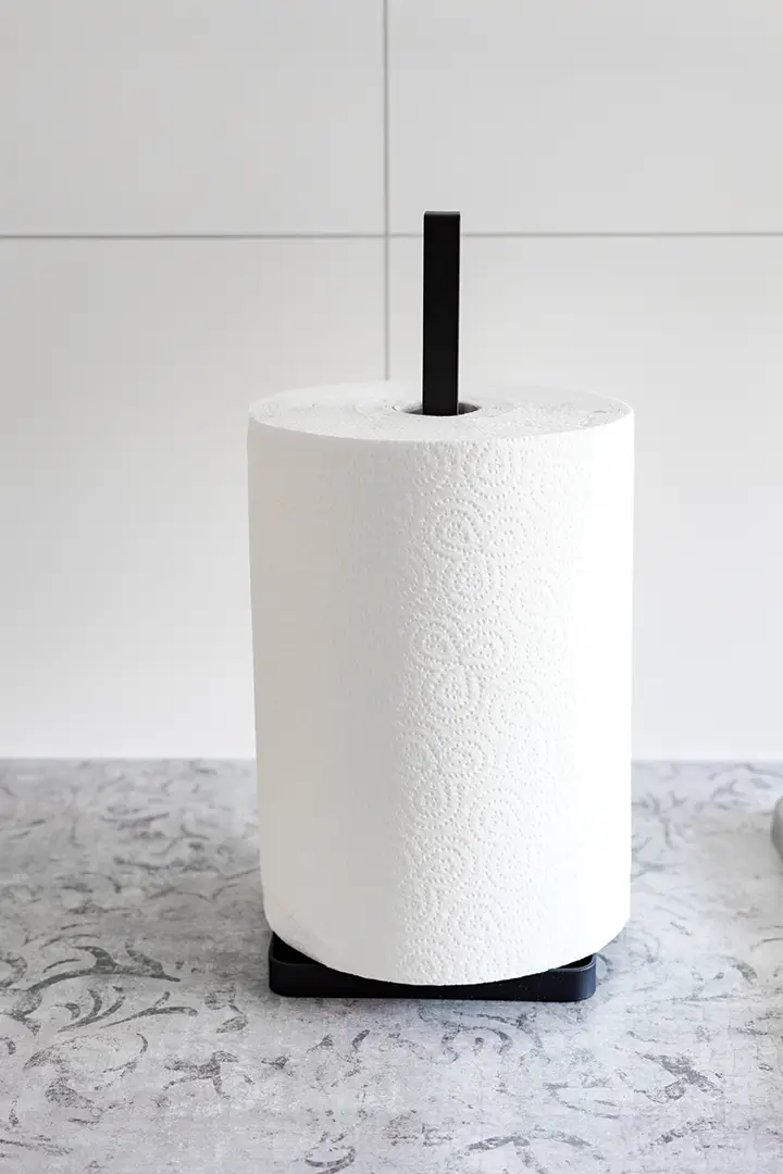 Freestanding Minimalist Metal Paper Towel Holder, Vertical Loop Arm, Rectangular Slat Base, Black, 325 mm Height