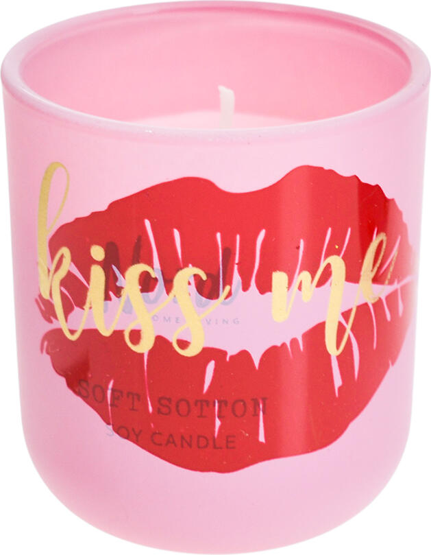 Scented Soy Wax Candle in Pink Glass, Soft Cotton Fragrance, Valentine's Day Decorative Candle with Kiss Me Red Lips Design