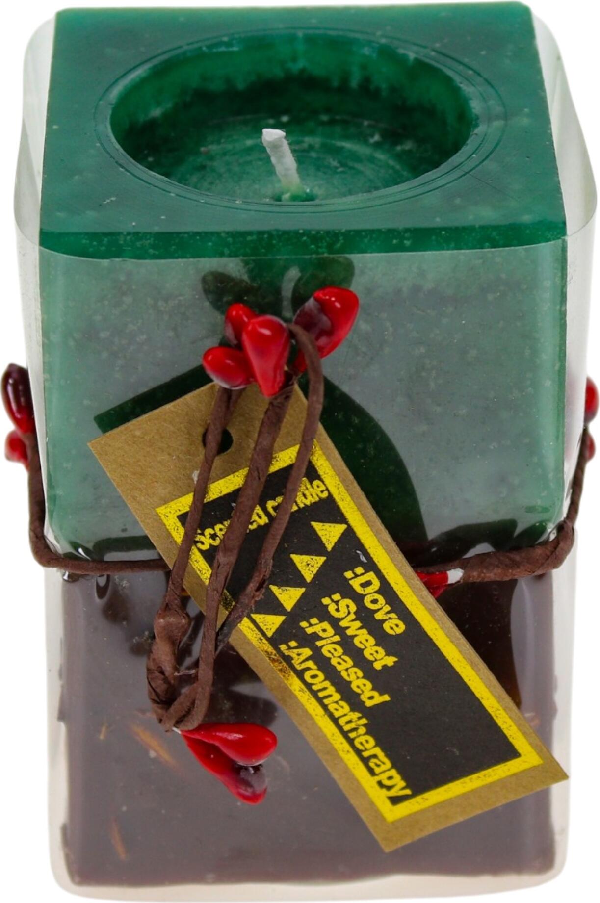Scented Aromatherapy Candle, Square Pillar Shape, 5x5x15 cm, Two-tone Green and Brown with Twine and Berries Decoration, Home Decor