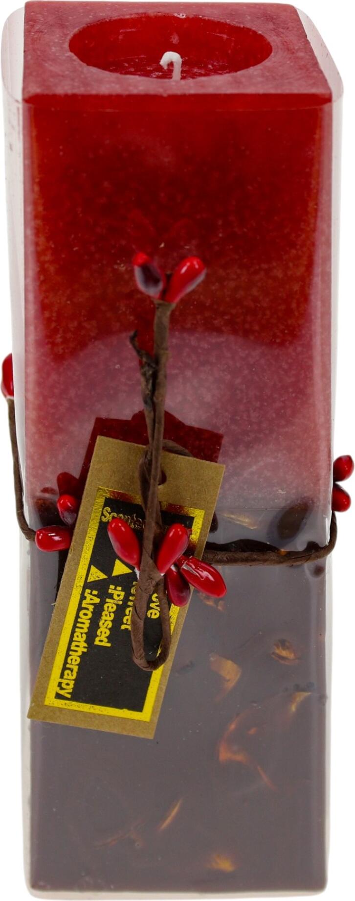 Scented Aromatherapy Candle, Square Pillar Shape, 5x5x15 cm, Two-tone Red and Brown with Twine and Berries Decoration, Home Decor