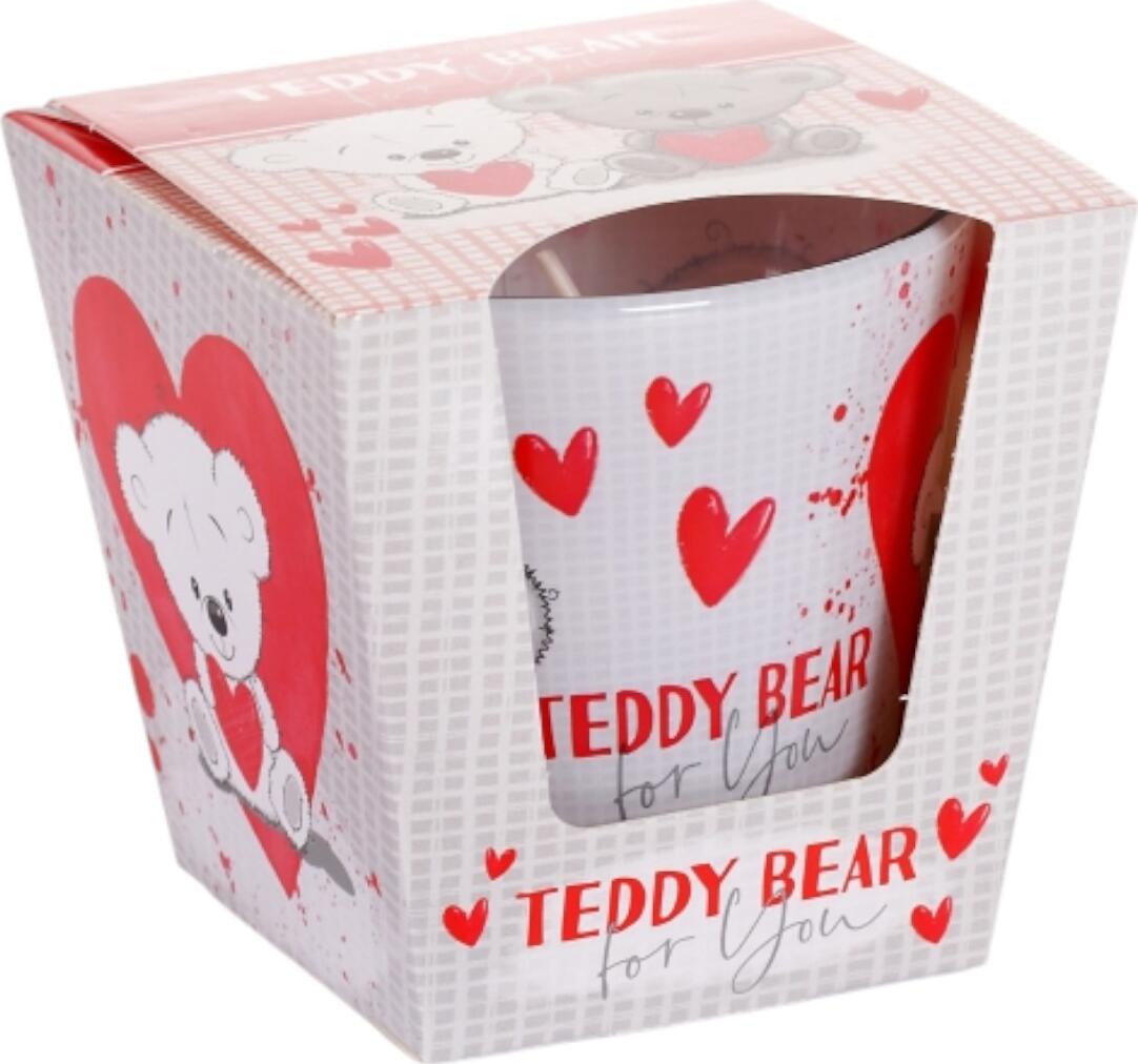 Lumânare Parfumata TEDDY BEAR FOR YOU în Pahăr de Sticlă cu Modele în Formă de Inimă și Ilustrații cu Ursuși, Ambalaj Cutie Cadou