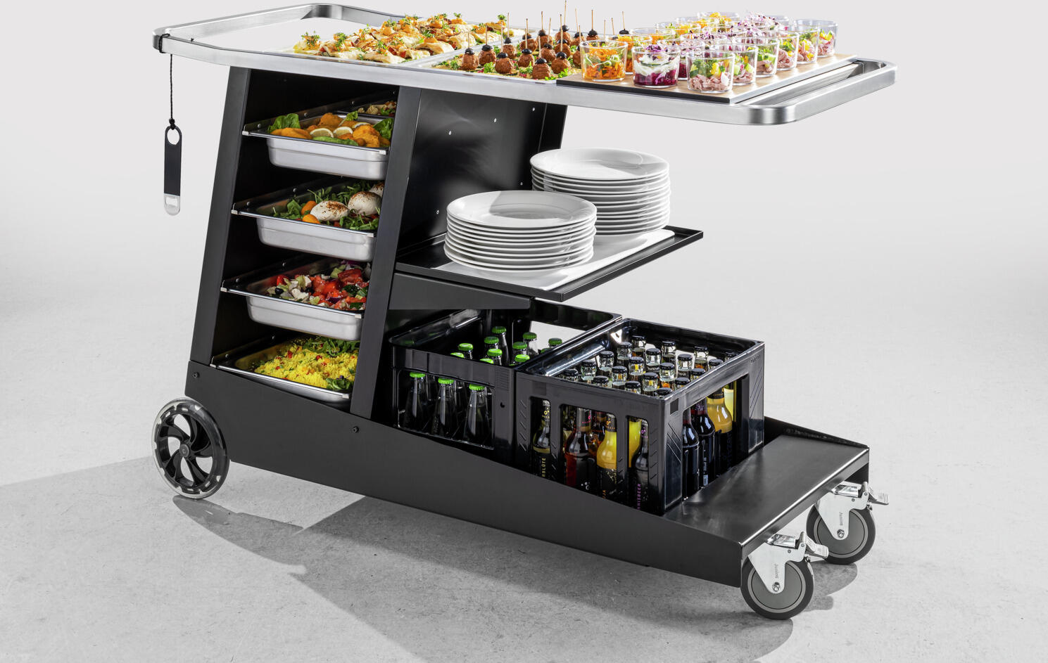 VEGA Sprinter Modular Serving Trolley, Powder-Coated Aluminum and Stainless Steel, GN Container Compatible, Black, 57.5 x 135 x 92 cm
