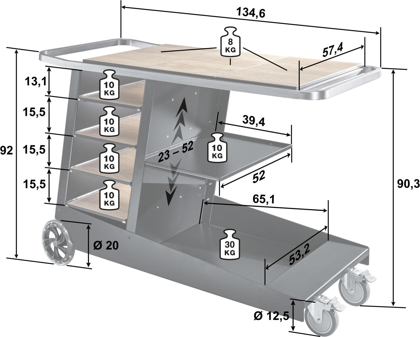 VEGA Sprinter Modular Serving Trolley, Powder-Coated Aluminum and Stainless Steel, GN Container Compatible, Black, 57.5 x 135 x 92 cm