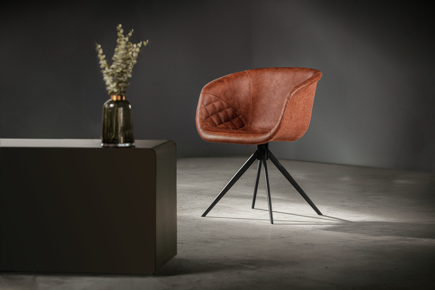 Scaun cu brate VEGA Yankee, Piele Ecologica si Poliester Cognac, Cadru Otel Vopsit in Praf, 61x60x80 cm, Suporta pana la 160 kg, Rezistent la Foc