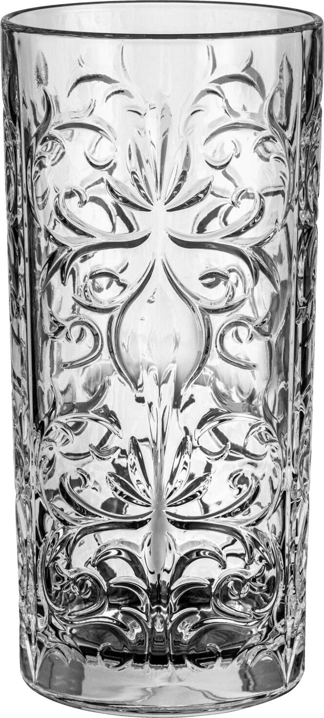 Set de 6 piese Pahare Long Drink RCR Cristalleria Italiana Tattoo din cristal, 370 ml, 15 cm inaltime, Design Floral, Transparent, Safe la masina de spalat vase
