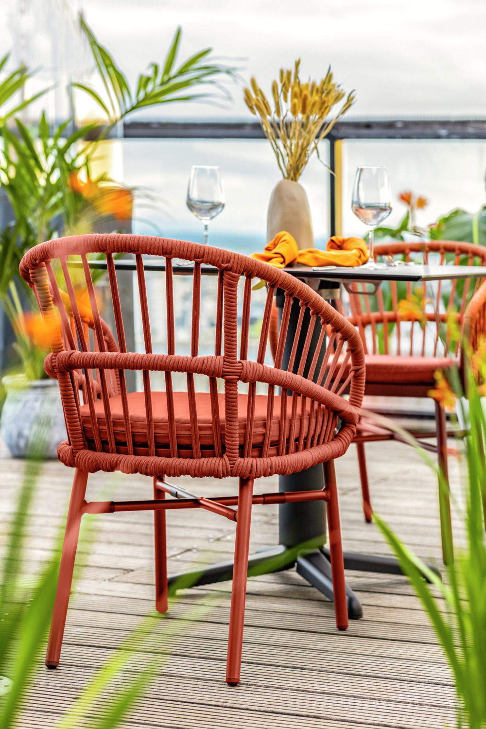 VEGA LUSINI Pina Outdoor Chair Set of 2, Terracotta, Powder-Coated Aluminum Frame, Rope Wickerwork, Stackable Weatherproof Garden Chairs with Washable Cushions