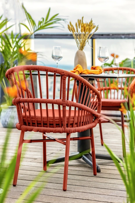 VEGA LUSINI Pina Outdoor Chair Set of 2, Terracotta, Powder-Coated Aluminum Frame, Rope Wickerwork, Stackable Weatherproof Garden Chairs with Washable Cushions