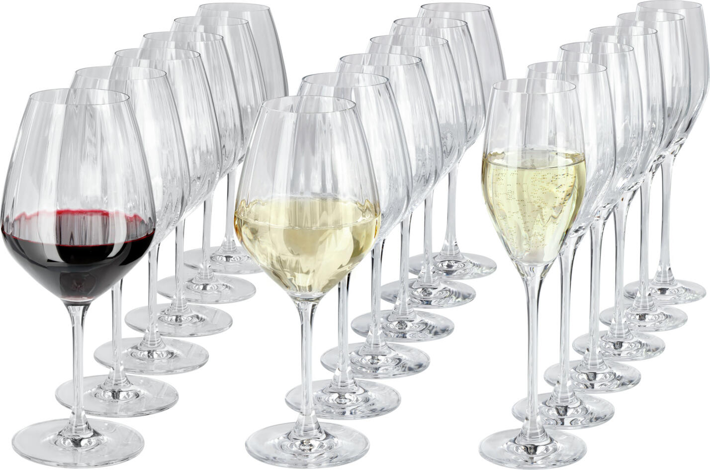 Set de 18 piese pahare din cristal VEGA Leya, 6 pahare pentru vin rosu, 6 pentru vin alb, 6 pentru sampanie, design cu relief facetat, transparente
