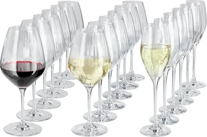 Set de 18 piese pahare din cristal VEGA Leya, 6 pahare pentru vin rosu, 6 pentru vin alb, 6 pentru sampanie, design cu relief facetat, transparente