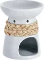 Lampa cu ulei aromat si suport pentru tealight Vega Akari, din porcelan gri picetat cu banda din fibre naturale maro, 9x10.5 cm