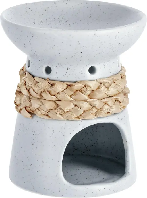 Lampa cu ulei aromat si suport pentru tealight Vega Akari, din porcelan gri picetat cu banda din fibre naturale maro, 9x10.5 cm