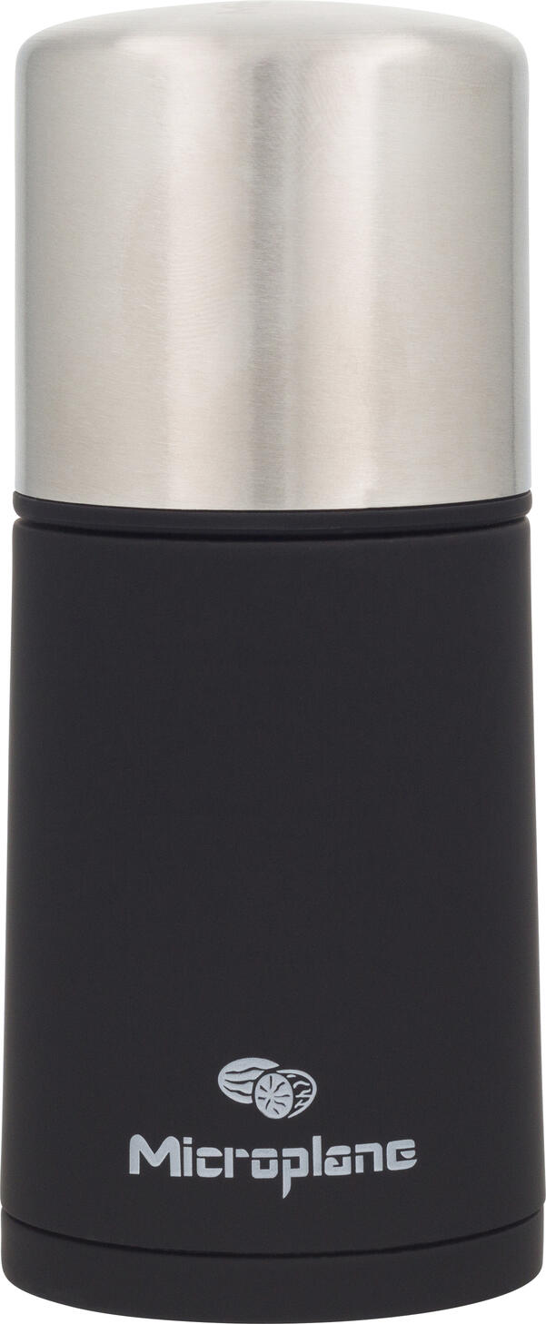 Microplane Spice Mill 2in1 Grinder and Airtight Storage, 18/10 Stainless Steel, Photo-Etching Blade, for Nutmeg and Cinnamon, Black/Silver