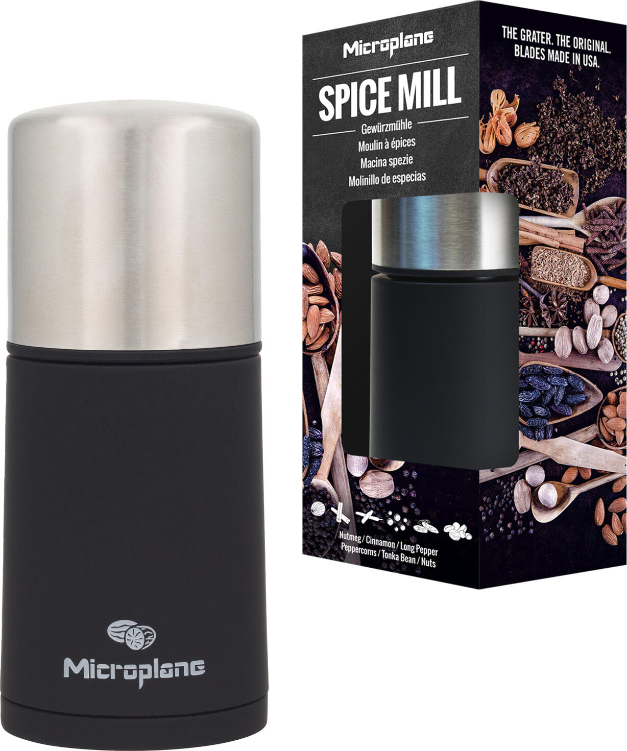 Microplane Spice Mill 2in1 Grinder and Airtight Storage, 18/10 Stainless Steel, Photo-Etching Blade, for Nutmeg and Cinnamon, Black/Silver