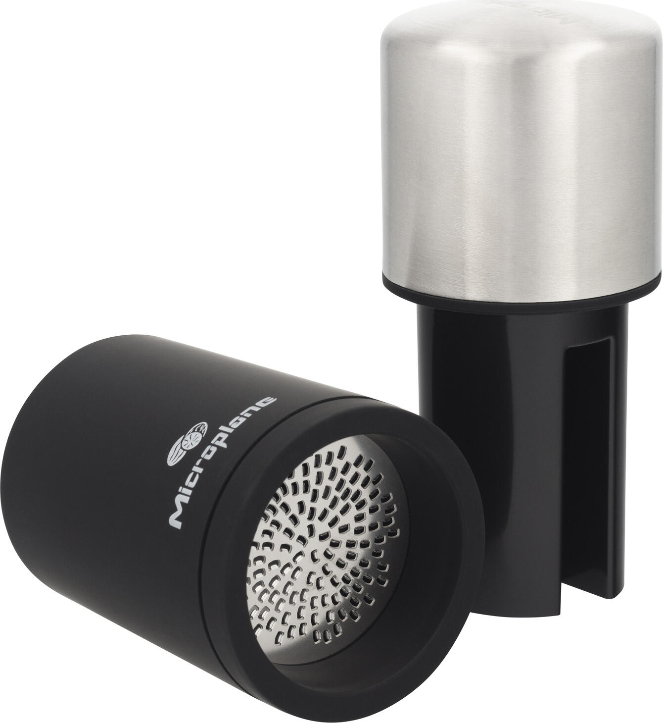 Microplane Spice Mill 2in1 Grinder and Airtight Storage, 18/10 Stainless Steel, Photo-Etching Blade, for Nutmeg and Cinnamon, Black/Silver