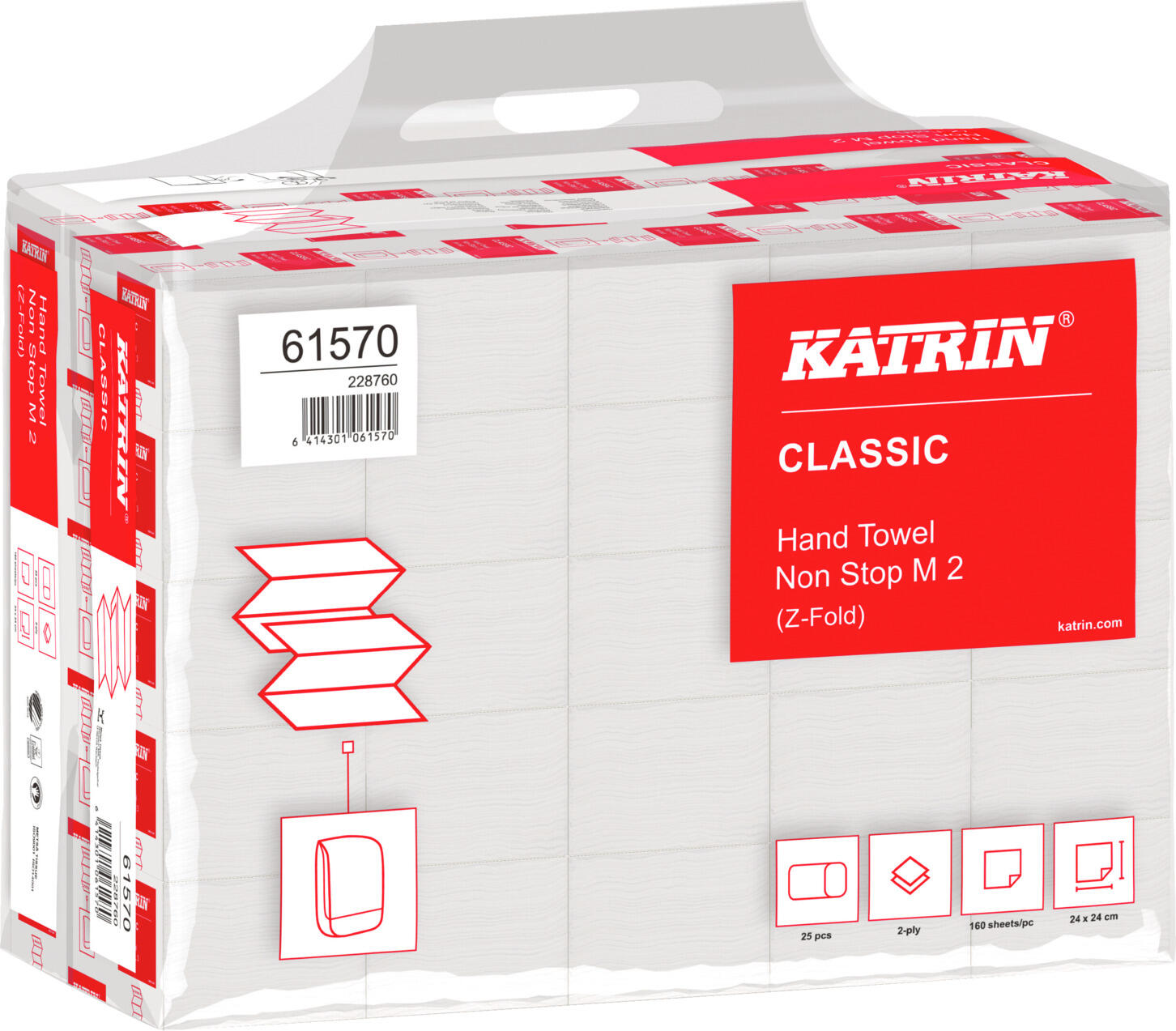 Prosoape de mana Katrin Classic Non-Stop M 2 Pliate, 2 Straturi, Hartie Albă Reciclata 100%, 24 x 24 cm, Pliere Z, Set de 25 Banderole (4.000 Foi)