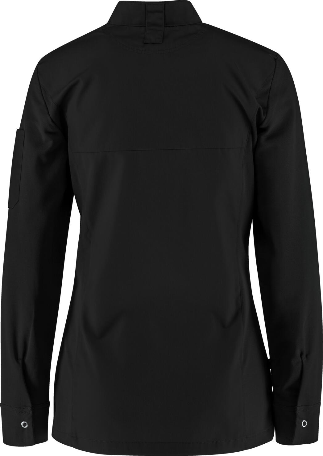 JOBELINE LUSINI Solutions GmbH Women's chef's jacket Phoenix long-sleeved Damen Kochjacke Phoenix Langarm Women's chef's jacket Phoenix long-sleeved; Size 36; black Damen Kochjacke Phoenix Langarm; Kleidergröße 36; schwarz 65 % polyester, 35 % cotton. 150 g/m². 60 °C wash. Elegant women's chef jacket made of extra lightweight, breathable fabric. With a small wing collar, inner breast pocket, concealed button tape and a 2-part upper arm pocket. With a practical bib apron loop in the neck. The side panels and entire sleeves are made of an elastic piqué material, which is extremely breathable and ensures a very comfortable fit. The sleeves feature fully elastic, classic shirt cuffs with button and sleeve vent. Slightly tailored cut. Back length: 68 cm for size 36. 65 % Polyester, 35 % Baumwolle. 150 g/m². 60°-Wäsche Elegante Damenkochjacke aus einem extraleichten und atmungsaktiven Gewebe. Mit kleinem Stehkragen, innenliegender Brusttasche, verdeckter Druckknopfleiste, sowie einer zweigeteilten Oberarmtasche. Mit einer praktischen Latzschürzenschlaufe im Nacken. Die Seitenteile sowie die gesamten Ärmel bestehen aus einem atmungsaktiven und elastischen Piqué Material, das für eine äußerst bequeme Passform und Atmungsaktivität sorgt. Den Ärmelabschluss bildet eine ebenfalls vollelastische, klassische Hemdenmanschette mit Druckknopf und Ärmelschlitz. Leicht tailliert geschnitten. Rückenlänge: 68 cm in Gr. 36