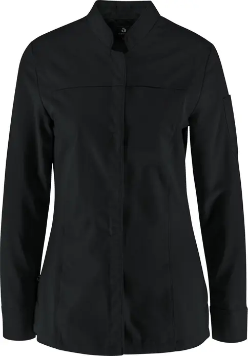 JOBELINE LUSINI Solutions GmbH Women's chef's jacket Phoenix long-sleeved Damen Kochjacke Phoenix Langarm Women's chef's jacket Phoenix long-sleeved; Size 46; black Damen Kochjacke Phoenix Langarm; Kleidergröße 46; schwarz 65 % polyester, 35 % cotton. 150 g/m². 60 °C wash. Elegant women's chef jacket made of extra lightweight, breathable fabric. With a small wing collar, inner breast pocket, concealed button tape and a 2-part upper arm pocket. With a practical bib apron loop in the neck. The side panels and entire sleeves are made of an elastic piqué material, which is extremely breathable and ensures a very comfortable fit. The sleeves feature fully elastic, classic shirt cuffs with button and sleeve vent. Slightly tailored cut. Back length: 68 cm for size 36. 65 % Polyester, 35 % Baumwolle. 150 g/m². 60°-Wäsche Elegante Damenkochjacke aus einem extraleichten und atmungsaktiven Gewebe. Mit kleinem Stehkragen, innenliegender Brusttasche, verdeckter Druckknopfleiste, sowie einer zweigeteilten Oberarmtasche. Mit einer praktischen Latzschürzenschlaufe im Nacken. Die Seitenteile sowie die gesamten Ärmel bestehen aus einem atmungsaktiven und elastischen Piqué Material, das für eine äußerst bequeme Passform und Atmungsaktivität sorgt. Den Ärmelabschluss bildet eine ebenfalls vollelastische, klassische Hemdenmanschette mit Druckknopf und Ärmelschlitz. Leicht tailliert geschnitten. Rückenlänge: 68 cm in Gr. 36