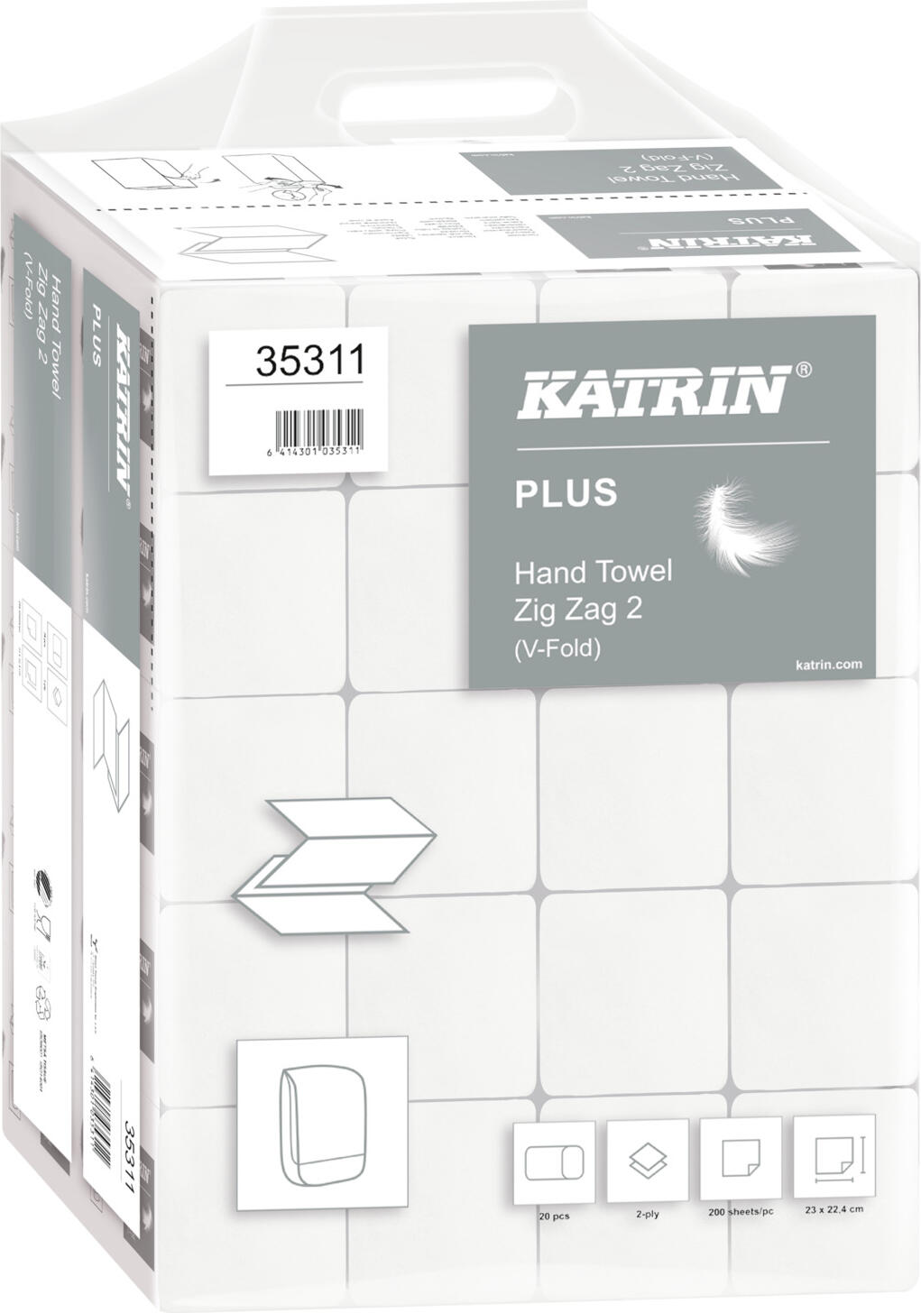 Prosoape de mana Katrin Hand Towel Zig Zag 2 V-Fold 2 straturi, celuloza alb, 22.4 x 23 cm, 200 foi per pachet, Set de 20 pachete
