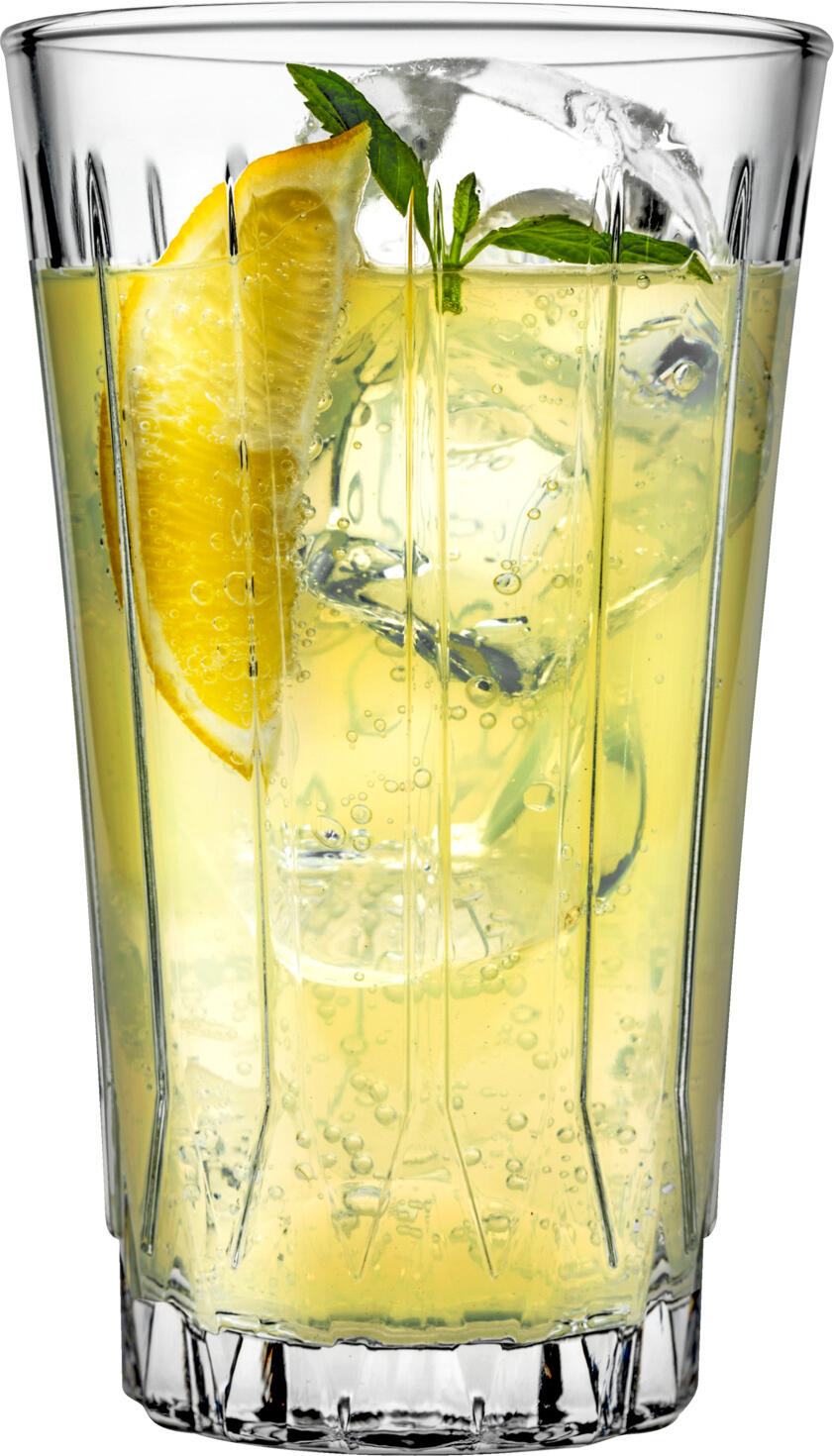 Set de 12 piese pahare Highball Pasabahce Nessie, 340 ml, sticla transparenta robusta cu laturi facetate vertical si baza texturata, rezistente la masina de spalat vase