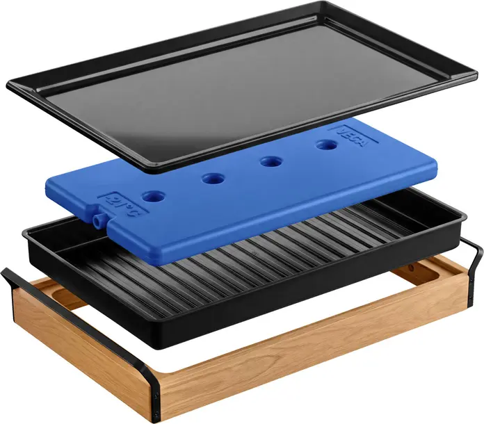 Set de 2 tăvi refrigerate pentru bufet VEGA Esino, Display Case pe două niveluri, GN 1/1, Lemn de Stejar și Melamină Neagră, 61.9 x 38.6 x 36.9 cm