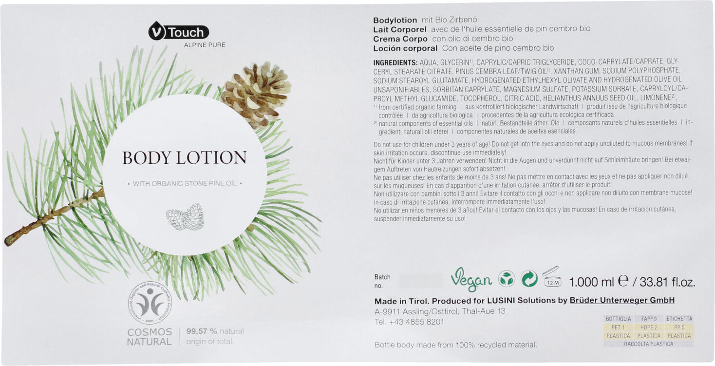 Lotioana de Corp V-Touch Alpine Pure, Sticla cu capac cu filet, cu Ulei de Pin Cembra Organic, COSMOS NATURAL, pH-neutru, Nutritiva si Regeneratoare, 1 L
