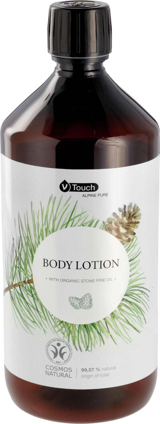 Lotioana de Corp V-Touch Alpine Pure, Sticla cu capac cu filet, cu Ulei de Pin Cembra Organic, COSMOS NATURAL, pH-neutru, Nutritiva si Regeneratoare, 1 L