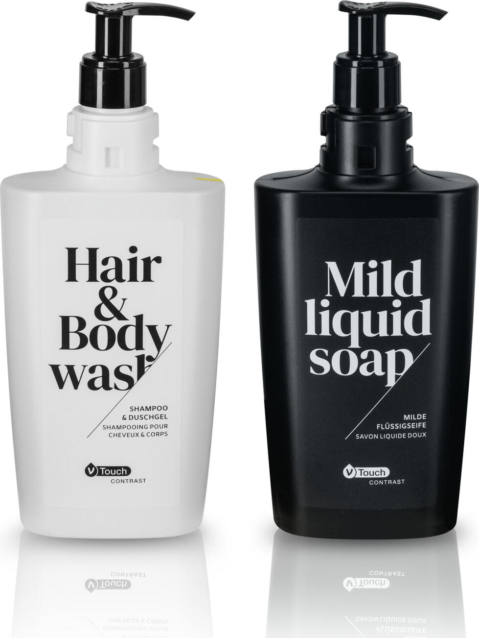 V-Touch Contrast Shampoo & Gel de Dus 2-in-1, 400 ml, Dispenser cu Pompa, Sticla din Material Reciclat, pH-neutru, Testat Dermatologic, Set de 24 piese