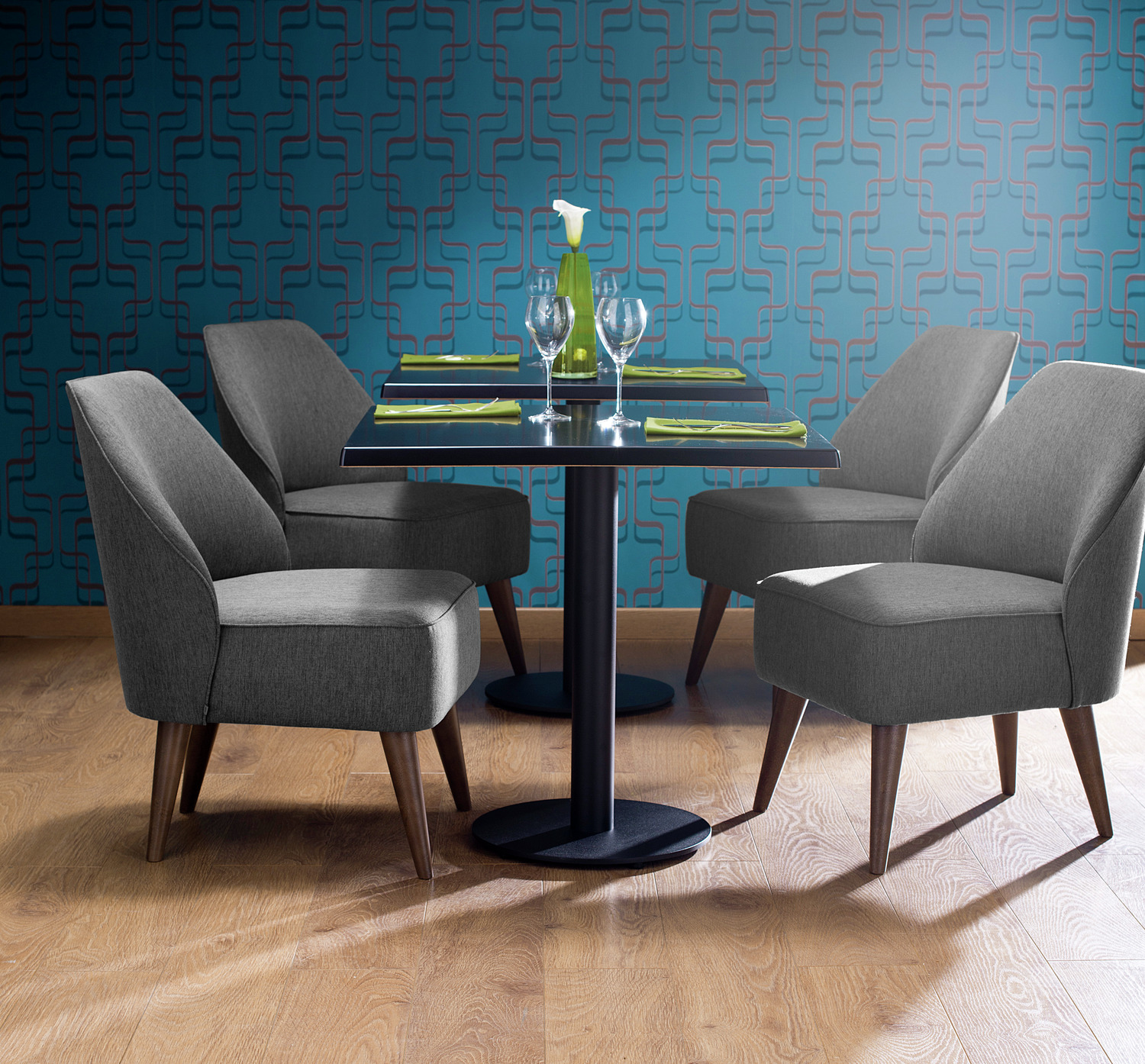 VEGA Lasse Lounge Armchair, Grey Mottled Polyester Fabric, Wooden Base, 54x60x82 cm, Fire Retardant, No-Sag Suspension, Max Load 160 kg