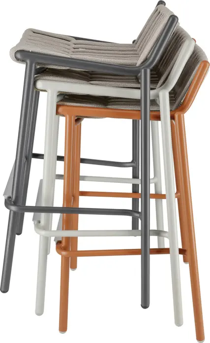 Set de 2 scaune bar exterioare VEGA Lumaro, cadru aluminiu vopsit electrostatic, rachita din sfoara cu uscare rapida, stivuibile, inaltime 90cm