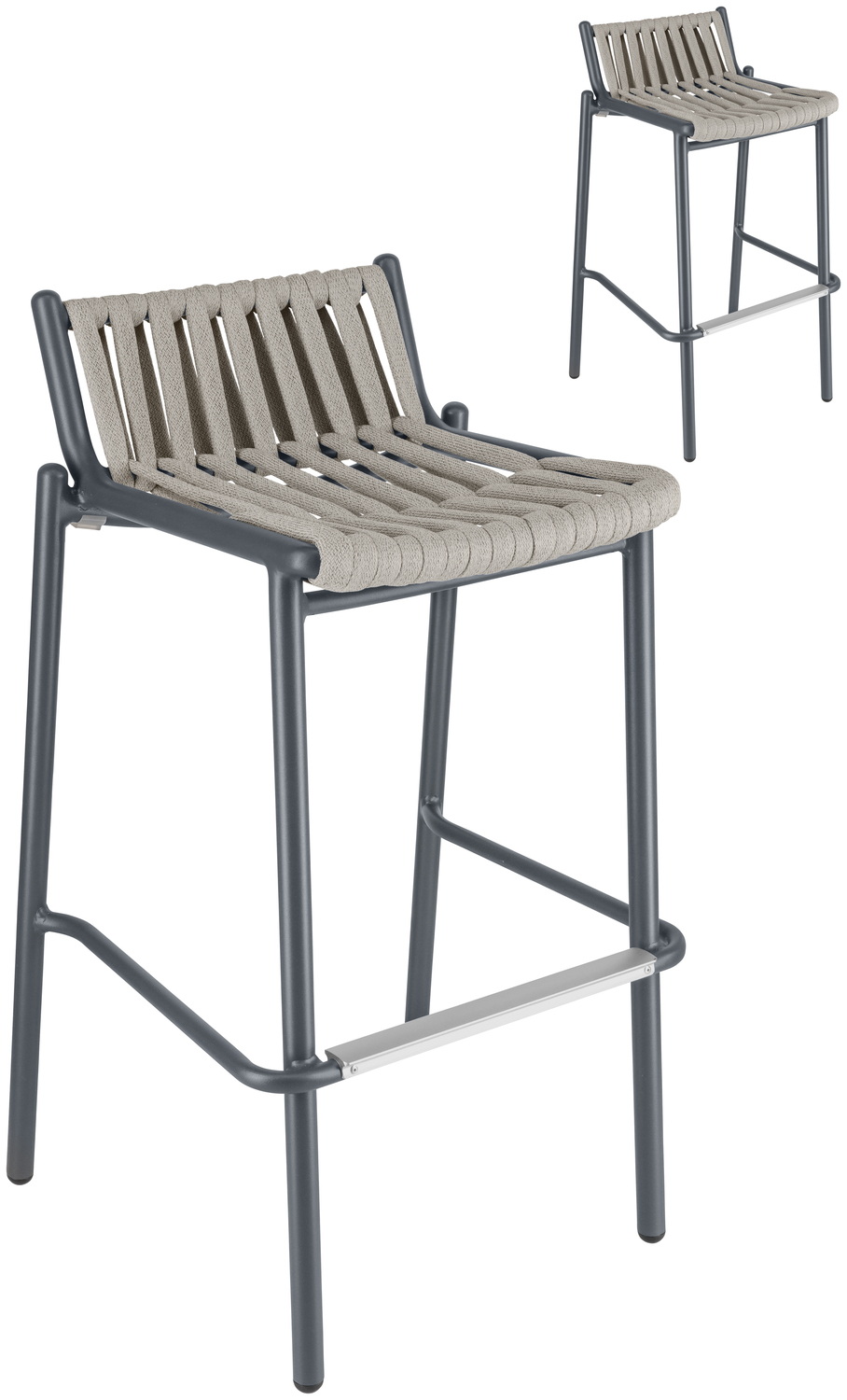 Set de 2 scaune bar exterioare VEGA Lumaro, cadru aluminiu vopsit electrostatic, rachita din sfoara cu uscare rapida, stivuibile, inaltime 90cm
