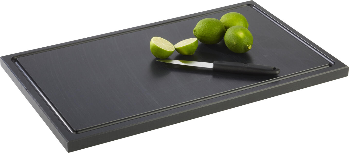 APS BAR Cutting Board, Black HDPE Polyethylene, 50x30x2 cm, with Integrated Drainage Channel and Anti-slip Feet, Dishwasher Safe