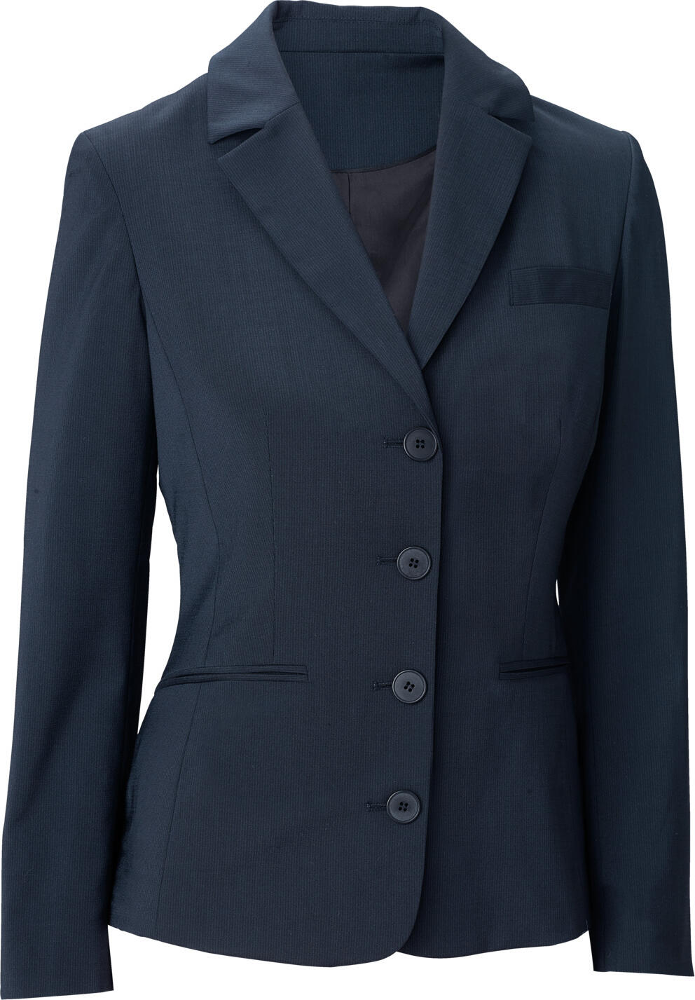 JOBELINE LUSINI Solutions GmbH Women's blazer Kairi Damenblazer Kairi Women's blazer Kairi; Size 38; dark-blue Damenblazer Kairi; Kleidergröße 38; dunkelblau 38 % polyester, 30 % wool, 30 % viscose, 2 % spandex. 30 °C gentle wash. Waisted women's blazer with lapel collar and integrated piped pockets, 2-seamed arm, slit in the center back, completely lined, made of easy-care material. Shaping darts in the front and back, ornamental buttons on the arm cuffs. Back length: 62 cm for size 36. Der Damenblazer Kairi überzeugt mit einem eleganten Look. Der klassische, tailliert geschnittene Blazer für Damen punktet mit formgebenden Abnähern an Vorder- und Rückseite mit einer perfekten Passform. Er verfügt über einen dekorativen Reverskragen und eine Vierknopfleiste. Zwei paspelierte Ziertaschen und der trendstarke Zwei-Naht-Arm mit Zierknöpfen an der Armmanschette runden den professionellen Look ab. Die komplett abgefütterte Jacke ist vielseitig kombinierbar und wirkt dabei immer seriös und edel. * Blazer für Damen * taillierter Schnitt mit formgebenden Nähten * mit klassischem Reverskragen und Vierknopfleiste * attraktiver Zwei-Naht-Arm mit Zierknöpfen an der Armmanschette * mit zwei Paspeltaschen zur Zierde * in verschiedenen Farben und vielen Größen erhältlich * Rückenlänge: 62cm bei Gr. 36 * Material: 58 % Polyester, 25 % Wolle, 15 % Viskose, 2 % Elasthan * maschinenwaschbar bei 30 °C Mit dem Damen-Blazer Kairi ist Ihr Team im Nu professionell gekleidet. Die klassisch-elegante Jacke lässt sich gut kombinieren und passt hervorragend zu den eleganten Hosen und Blusen in unserem Sortiment. Dank des hohen Tragekomforts fühlen sich Ihre Mitarbeiterinnen stets rundum wohl.