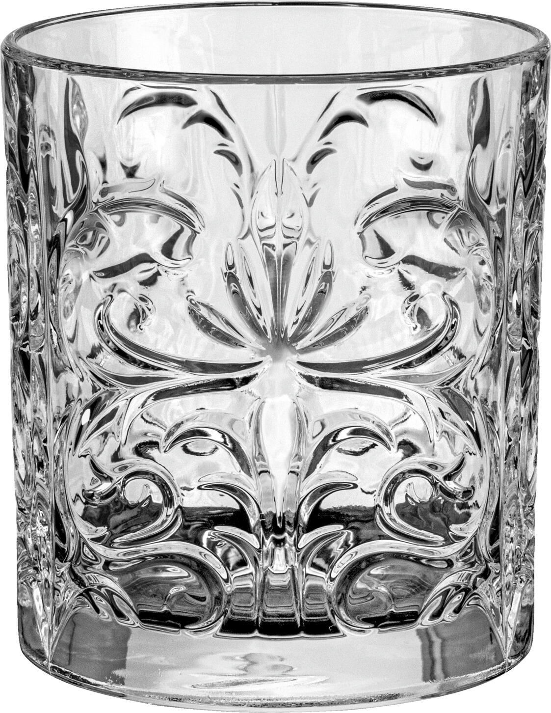 Set de 6 pahare pentru whisky RCR Tattoo din cristal, 340ml, cu design floral, sticla transparenta, 8.2x9.4 cm, rezistente la masina de spalat vase