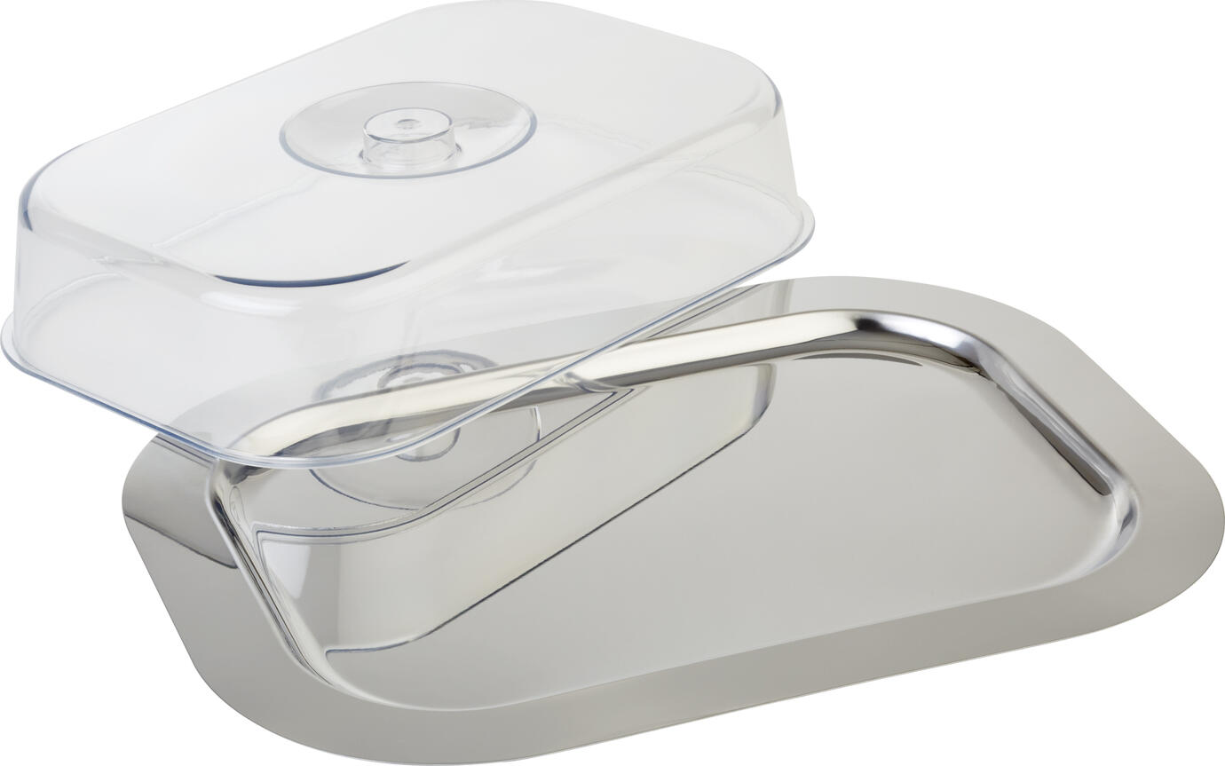 APS FINESSE Rectangular Tray with Transparent Polystyrene Cover, 18/0 Stainless Steel, 31.4 x 43.8 x 8.4 cm, Silver, Dishwasher Safe, Made in Germany