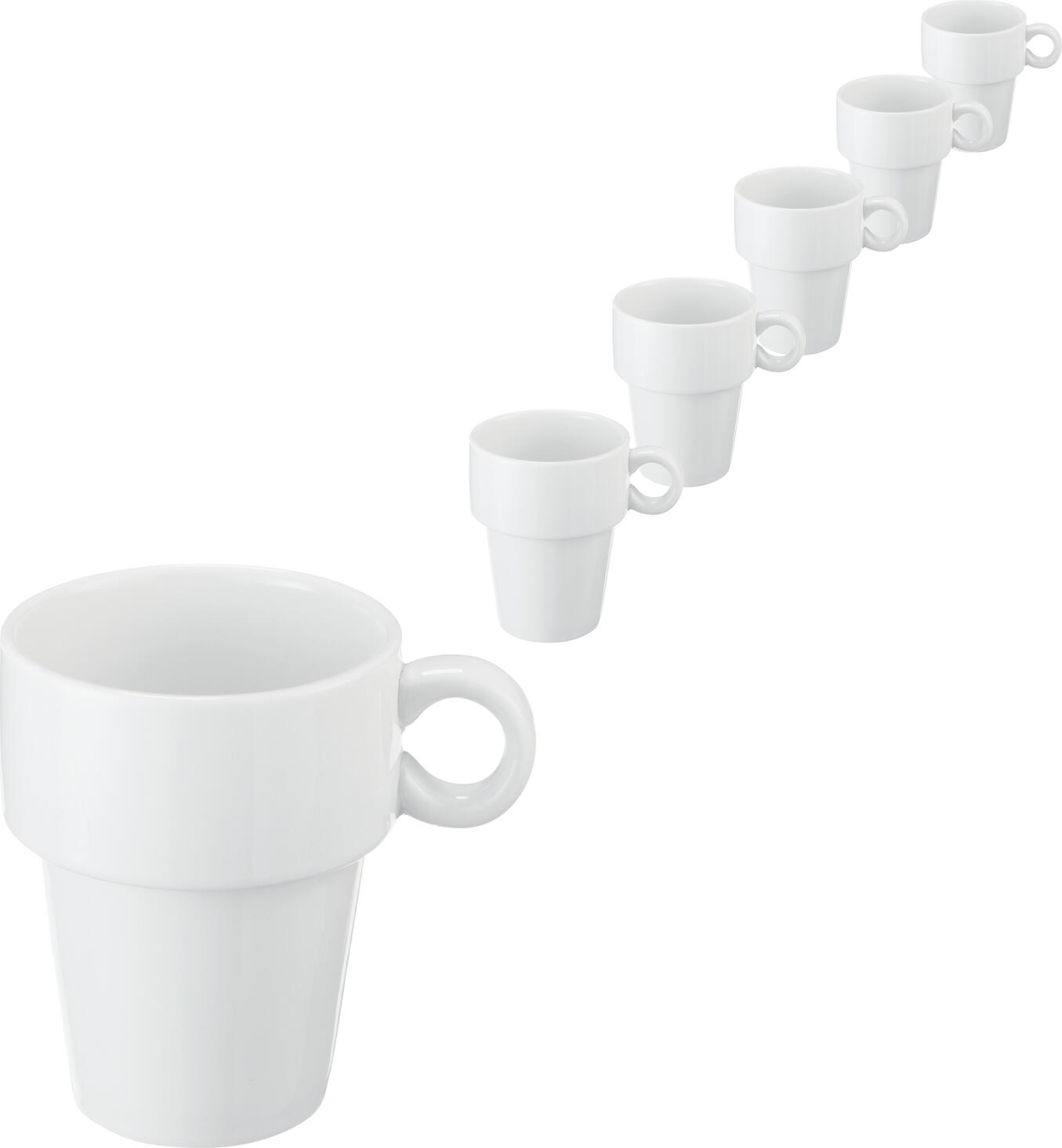 Pulsiva Zala Coffee Mug Set of 6, 250ml White Porcelain Stackable Mugs, Microwave and Dishwasher Safe with Handle, 8.2x9.5 cm