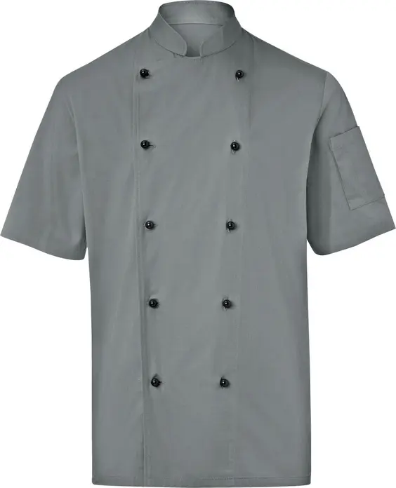 PULSIVA LUSINI Solutions GmbH Men's chef's jacket Milan short-sleeved Herren Kochjacke Milan Kurzarm Men's chef's jacket Milan short-sleeved; Size 66; grey Herren Kochjacke Milan Kurzarm; Kleidergröße 66; grau 65 % polyester, 35 % cotton. 150 g/m². 60 °C wash Short-sleeved men's chef jacket made of extra light and robust fabric. With stand-up collar and two-piece upper arm pocket. Straight cut. Delivery includes matching ball buttons. Back length: 79 cm for size 50. 65 % Polyester, 35 % Baumwolle. 150 g/m². 60°-Wäsche Kurzärmlige Herrenkochjacke aus extra leichtem und robustem Gewebe. Mit Stehkragen und zweigeteilter Oberarmtasche. Gerade geschnitten. Lieferung inkl. farblich passender Kugelknöpfe. Rückenlänge: 79 cm in Gr 50