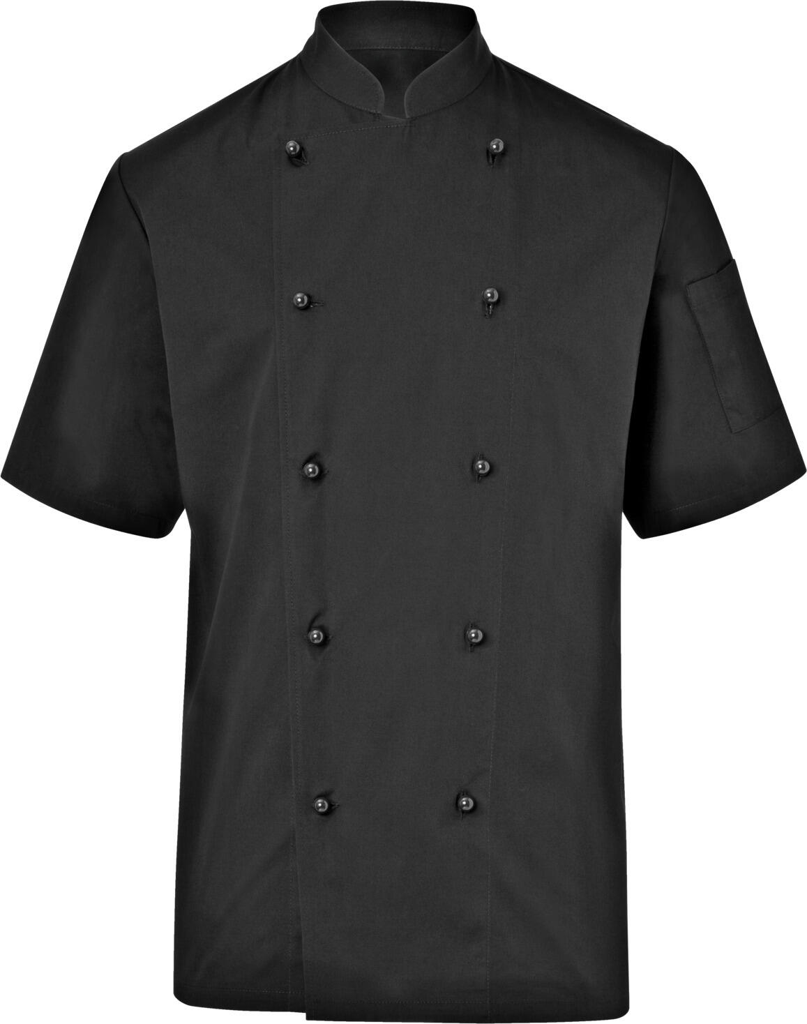PULSIVA LUSINI Solutions GmbH Men's chef's jacket Milan short-sleeved Herren Kochjacke Milan Kurzarm Men's chef's jacket Milan short-sleeved; Size 50; black Herren Kochjacke Milan Kurzarm; Kleidergröße 50; schwarz 65 % polyester, 35 % cotton. 150 g/m². 60 °C wash Short-sleeved men's chef jacket made of extra light and robust fabric. With stand-up collar and two-piece upper arm pocket. Straight cut. Delivery includes matching ball buttons. Back length: 79 cm for size 50. 65 % Polyester, 35 % Baumwolle. 150 g/m². 60°-Wäsche Kurzärmlige Herrenkochjacke aus extra leichtem und robustem Gewebe. Mit Stehkragen und zweigeteilter Oberarmtasche. Gerade geschnitten. Lieferung inkl. farblich passender Kugelknöpfe. Rückenlänge: 79 cm in Gr 50