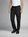 JOBELINE LUSINI Solutions GmbH Men's chef trousers Vito Herren Kochhose Vito Men's chef trousers Vito; Size 3XL; black Herren Kochhose Vito; Kleidergröße 3XL; schwarz 65% polyester, 35% cotton. 150 g/m². 60°C wash. Men's chef trousers with fully elasticated waistband, made from an extra-light and breathable fabric. With side pockets, two patch back pockets and ties at the waistband to adjust and fix the waist size. Comfortable, loose fit with slightly tapered trouser legs. Inside leg length: 80 cm for size M. 65 % Polyester, 35 % Baumwolle. 150 g/m². 60°-Wäsche. Herrenkochhose mit vollelastischem Dehnbund, aus einem extraleichten und atmungsaktiven Gewebe. Mit seitlichen Eingriffstaschen, zwei aufgesetzten Gesäßtaschen, sowie Bändern am Schlupfbund zur Regulierung und Fixierung der Taillenweite. Bequeme lockere Passform, mit nach unten hin leicht zulaufendem Hosenbein. Innenbeinlänge: 80 cm in Gr. M