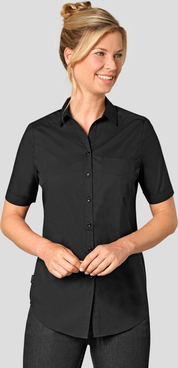 Jobeline Kim Women's Blouse, Half Sleeve, Regular Fit, Easy-Care Cotton-Polyester Blend, Black, with Breast Pocket and Shirt Collar