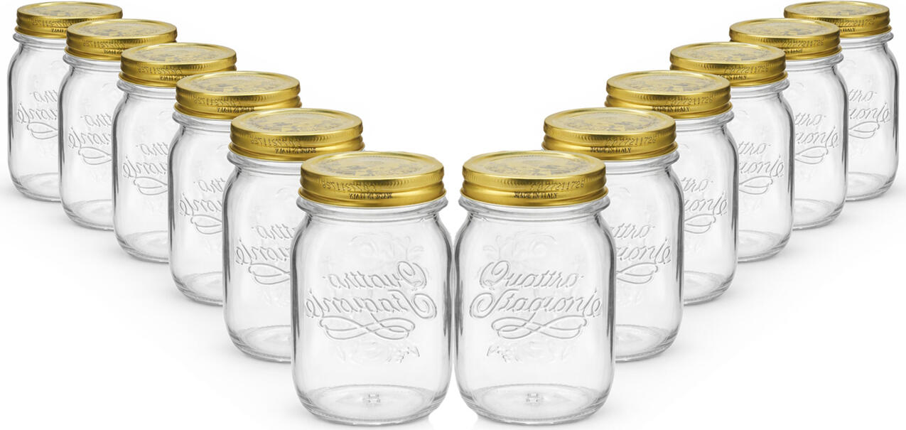 Bormioli Rocco Quattro Stagioni Glass Storage Jars with Aluminum Lids, 500 ml, Transparent, Heavy Quality, Set of 12 Pieces