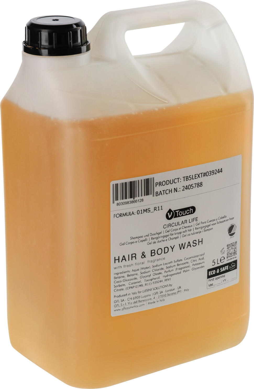 V-Touch LUSINI Solutions GmbH Hotel shampoo and shower gel Circular Life in canister Hotel Shampoo und Duschgel Circular Life im Kanister Hotel shampoo and shower gel Circular Life in canister; 5000 ml; amber; 2 piece / pack Hotel Shampoo und Duschgel Circular Life im Kanister; 5000 ml; bernstein; 2 Stück / Pack Sustainable, high-quality hair and body care in one.  The gently cleansing hair and body soap is suitable for all hair and skin types. Awarded the Nordic Swan Ecolabel. A fresh, floral fragrance with a woody note ensures a gentle and relaxing care experience. Dermatologically tested and pH-neutral. Canister content: 5,000 ml. Nachhaltige, hochwertige Haar- und Körperpflege in einem.  Die sanft reinigende Haar- und Körperseife ist für jeden Haar- und Hauttyp geeignet. Mit dem Nordic Swan Ecolabel ausgezeichnet. Ein frischer, blumiger Duft mit einer holzigen Note sorgt für ein zartes und entspannendes Pflegeerlebnis. Dermatologisch getestet und pH-neutral! Kanister Inhalt: 5.000 ml.
