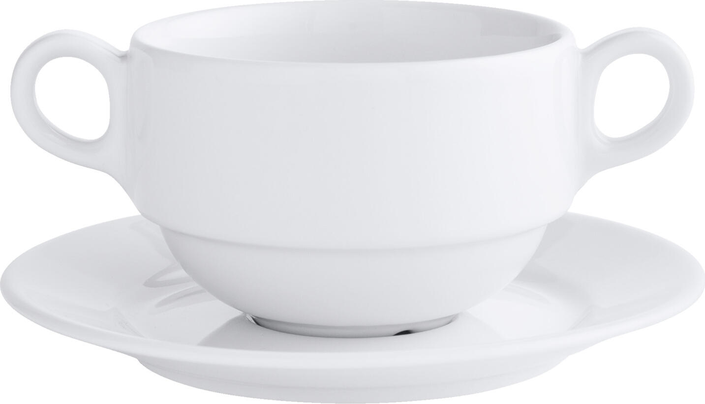 Pulsiva Stackora Porcelain Soup Cup Set of 6, 320ml White Two-Handle Stackable Cups, Scratch-Resistant, Dishwasher and Microwave Safe, 10x7 cm